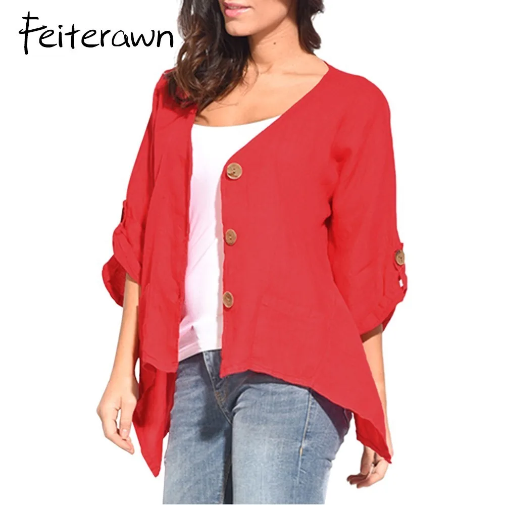 Feiterawn Roll Tab Sleeve и пуговицы спереди Для женщин Повседневная рубашка кардиганы три