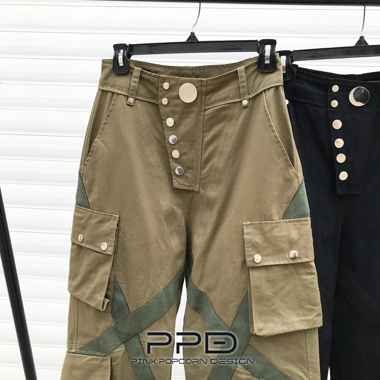 Вымытые ленты сплайсинга карман военные брюки Drawstring талия повседневные брюки