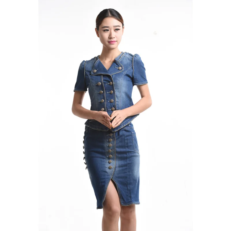 

Fashion Women Suit Dress 2 PCS Set Denim Jeans Jacket Skirt Suits Denim High Waist Summer Button Dress Long Sleeve Short Sleeve