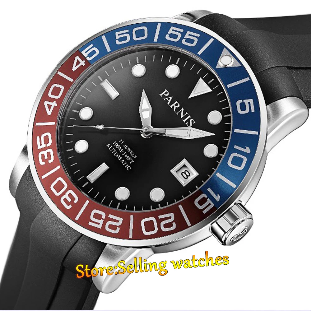

42mm Parnis Sapphire Red Blue Rotating Bezel Automatic Watch Luminous Number