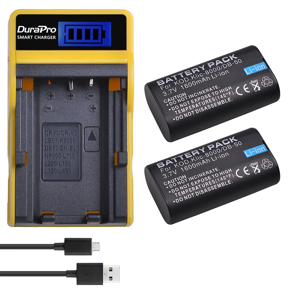 DuraPro 2PC 1600mAH KLIC-8000 KLIC 8000 DB-50 Li-ion Battery + LCD USB Charger for KODAK Z612 Z712 Z812 IS Z1085 Digital Cameras