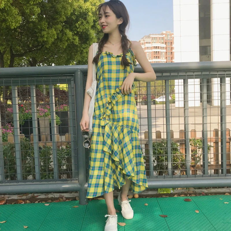 

Summer new women's Korean students sweet college style long paragraph lattice dress strap Slash neck stylish Temperament Dress