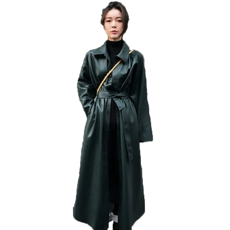 Искусственная кожа PU пальто длинное для женщин Ветровка Весна черный