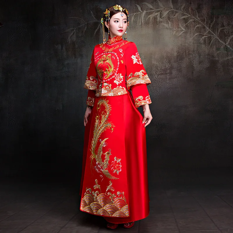Красные вечерние размера плюс китайское свадебное платье Дракон и с вышивкой в