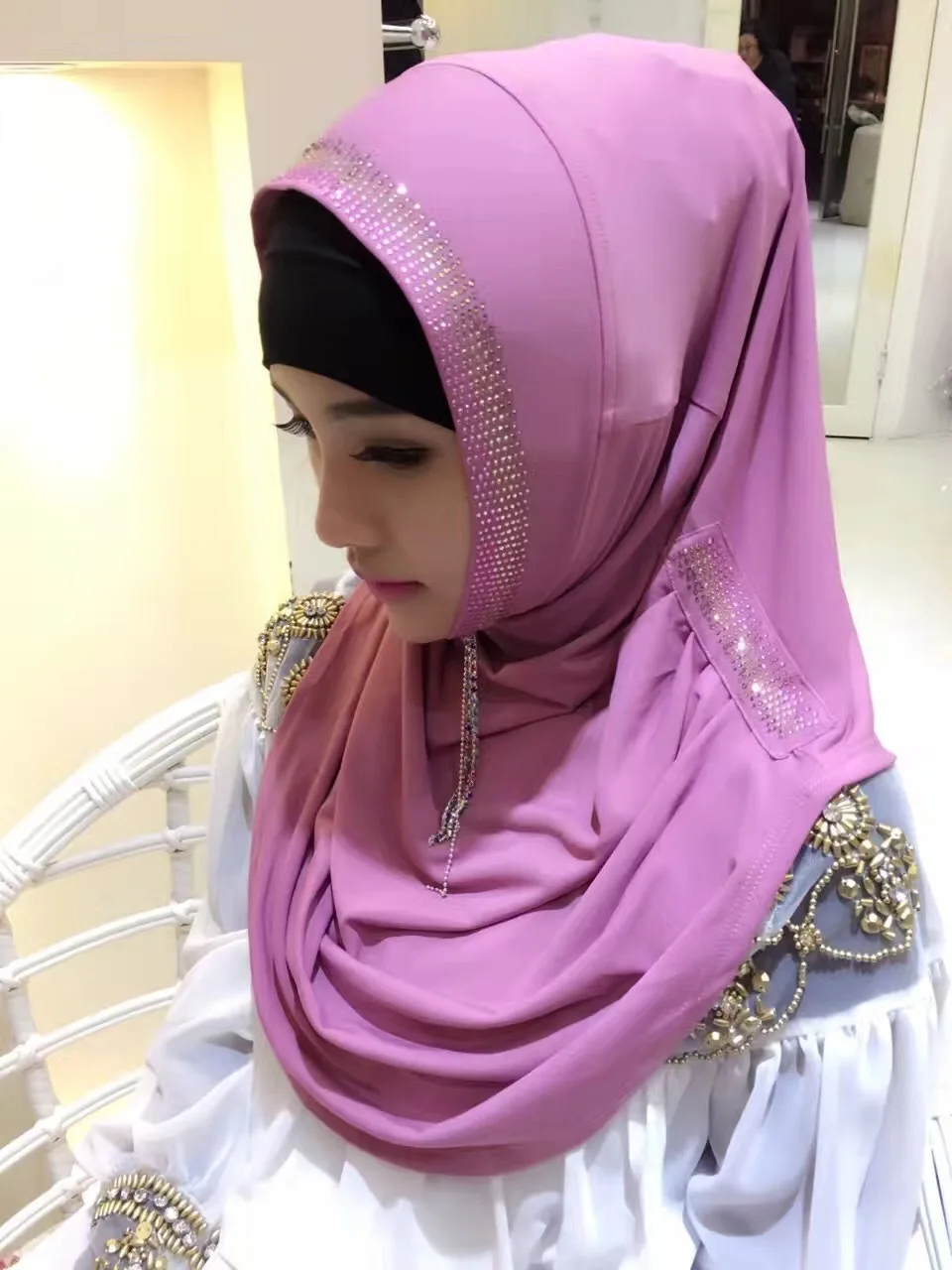 Женский хиджаб мусульманский шарф с бриллиантами и капюшоном мгновенная шапка