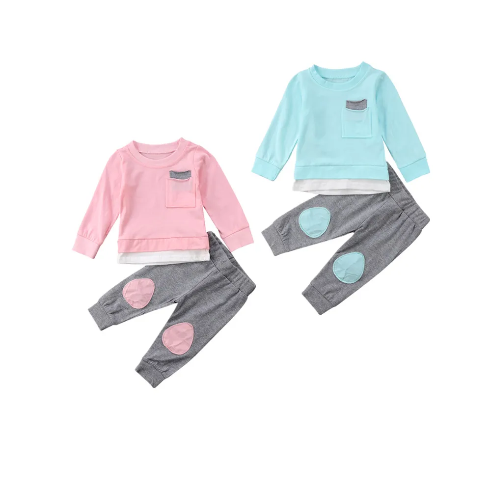 2pcs Toddler Kid Girls 2018 Long Sleeves T-shirt Pink Blue Tops + Gray Knee Pants Outfits Casual Spring Autumn Set Clothes | Детская
