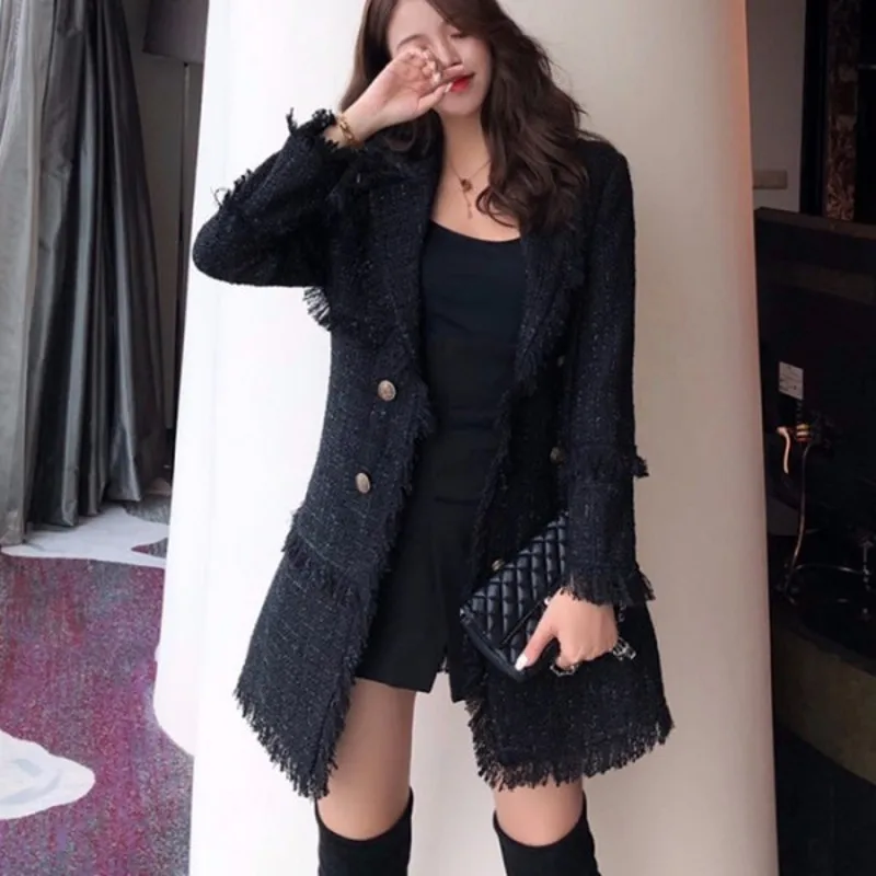 

Runway Designer Women's Double Breasted Metal Button Long Sleeve Notched Collar tassel Jacket Wool Blends Tweed Coat