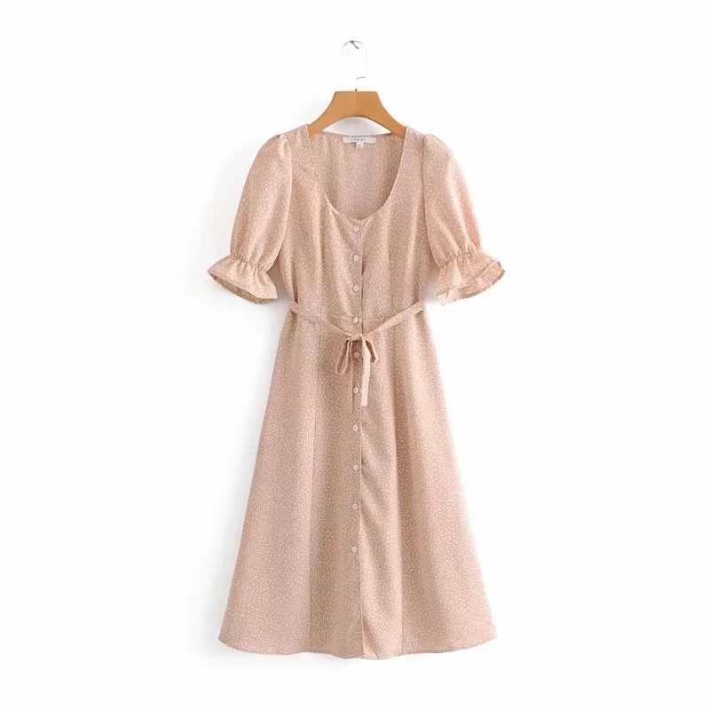 long pink Винтажное белое платье в горошек на пуговицах, женское летнее пляжное платье, корейское длинное платье с v-образным вырезом, повседневные женские платья, vestidos - Цвет: long pink