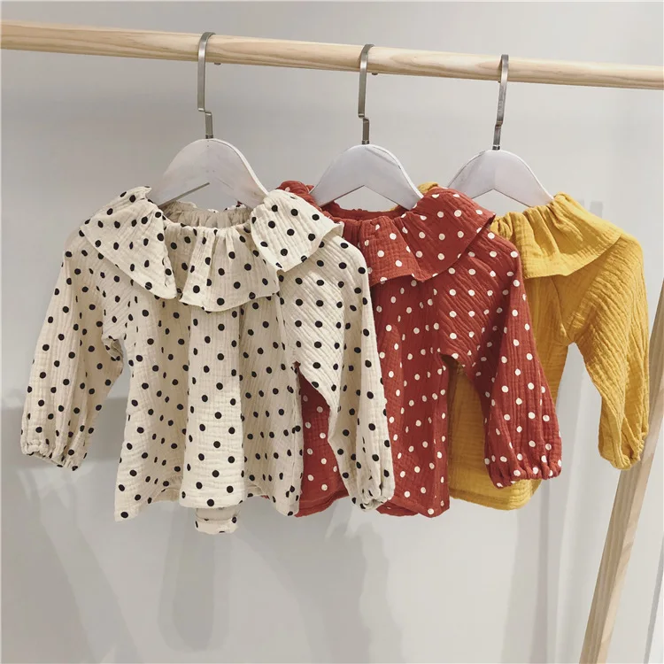 Весна 2019 Детские хлопковые льняные рубашки в горошек с кукольным воротником