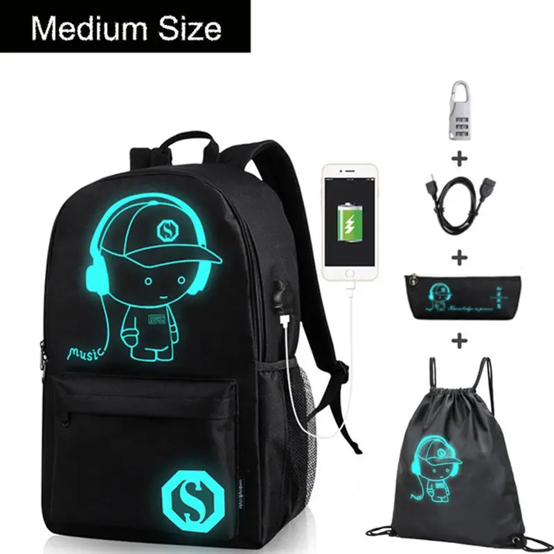 black medium size Анти-Вор светящийся студенческий школьный рюкзак Водонепроницаемый Школьный рюкзак для мальчиков и девочек Многофункциональный usb зарядный порт сумка для книг - Цвет: black medium size
