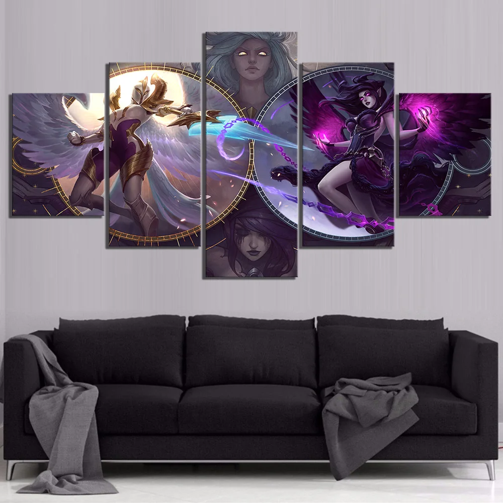 Картина на холсте Декор для дома 5 панелей Morgana And Kayle League Of Legends видеоигры