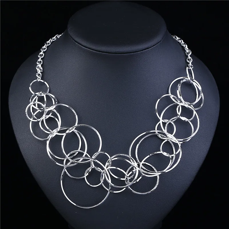 2018 серебряный заявление ожерелья много кругов Подвески на Ожерелья Панк Женщины