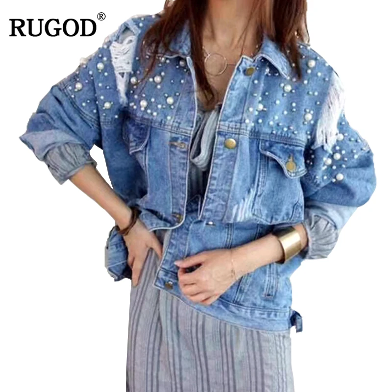 Женская джинсовая куртка RUGOD элегантная Весенняя рваная ковбойская с длинным
