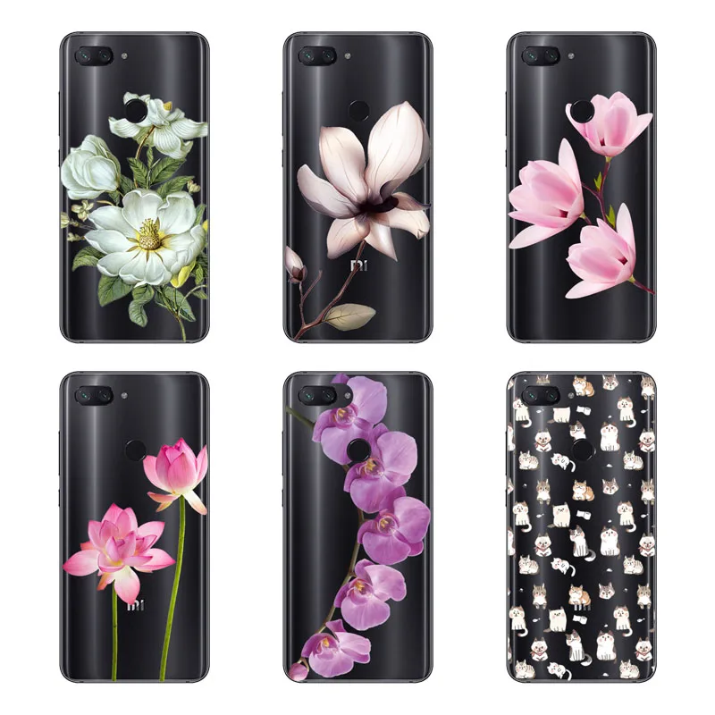 Чехол xiaomi mi 8 lite силиконовая Черная мягкая задняя крышка из ТПУ с рисунком цветов