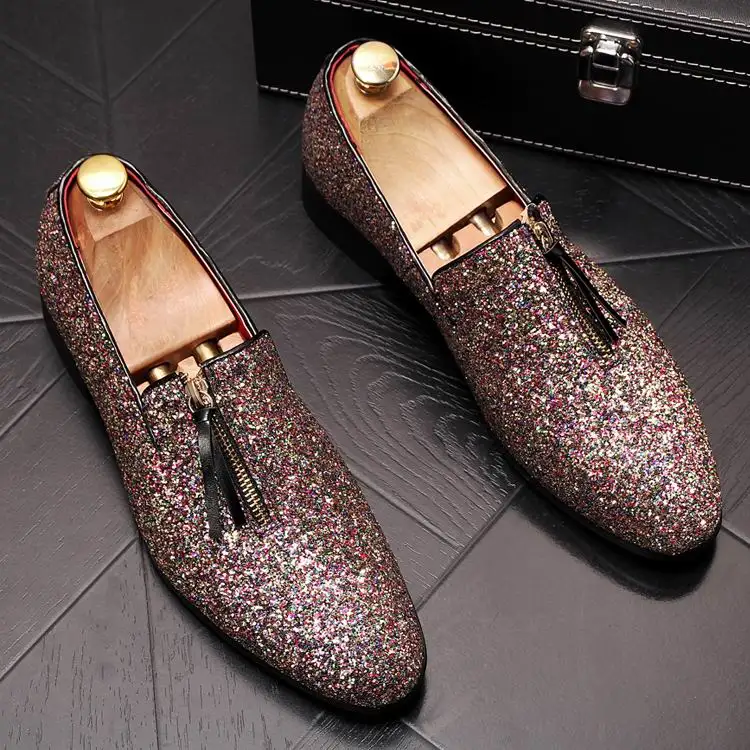 

ERRFC Hot Selling Mens Casual Loafer Shoes Round Toe Zip Bling Glitter Charm Man Luxury Leisure Shoes Gold Trending Party Show
