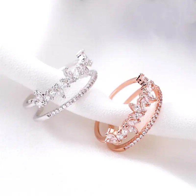 Женское Двухслойное кольцо Стразы с цирконом регулируемое цвета розового золота