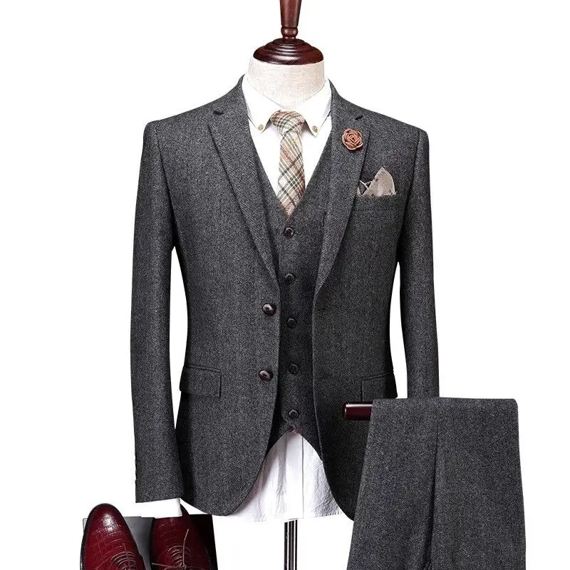

2018 Men's Vintage Suit 3 Pcs Tweed Fleck Tweed 2 Button Wool Dark Gray Custom