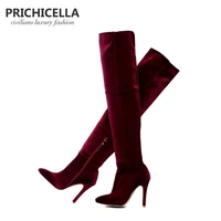 prichicella red wine thin high heel stretch thigh high boots sexy elastic slim long booties
