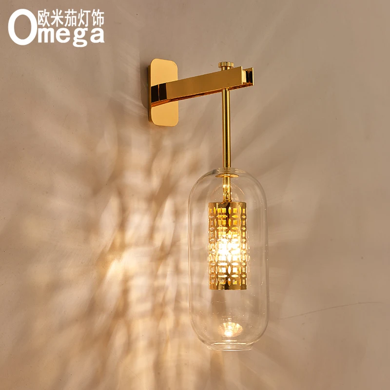 Goedkoop Nordic Post-Moderne Licht Luxe Smeedijzeren Glazen Wandlamp Woonkamer Slaapkamer Bed Restaurant Lantaarn Creatieve Wandlamp