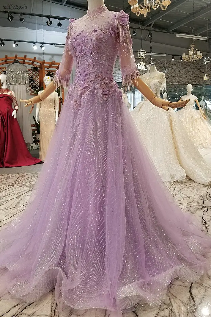 Lilac High Neck Prom Dress 2019 Sequins Beads Tassel Appliques Half Sleeve gala dress robes de bal vestidos cerimonia longos
