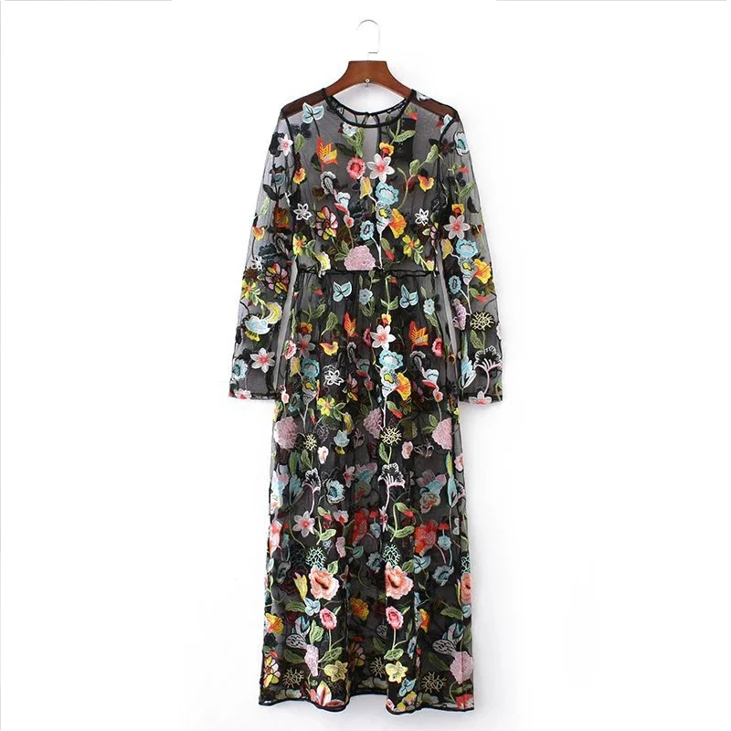 Женское платье с цветочной вышивкой повседневное длинное макси круглым вырезом