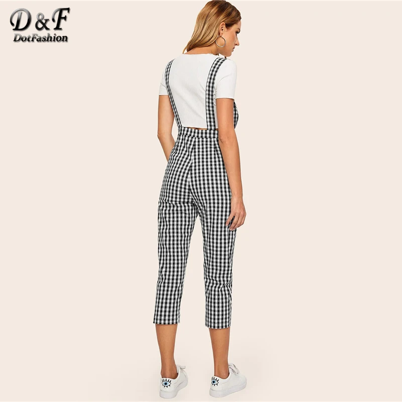 Dotfashion черно-белый комбинезон в мелкую клетку с карманами по бокам для женщин весна лето консервативный комбинезон без рукавов на бретелях
