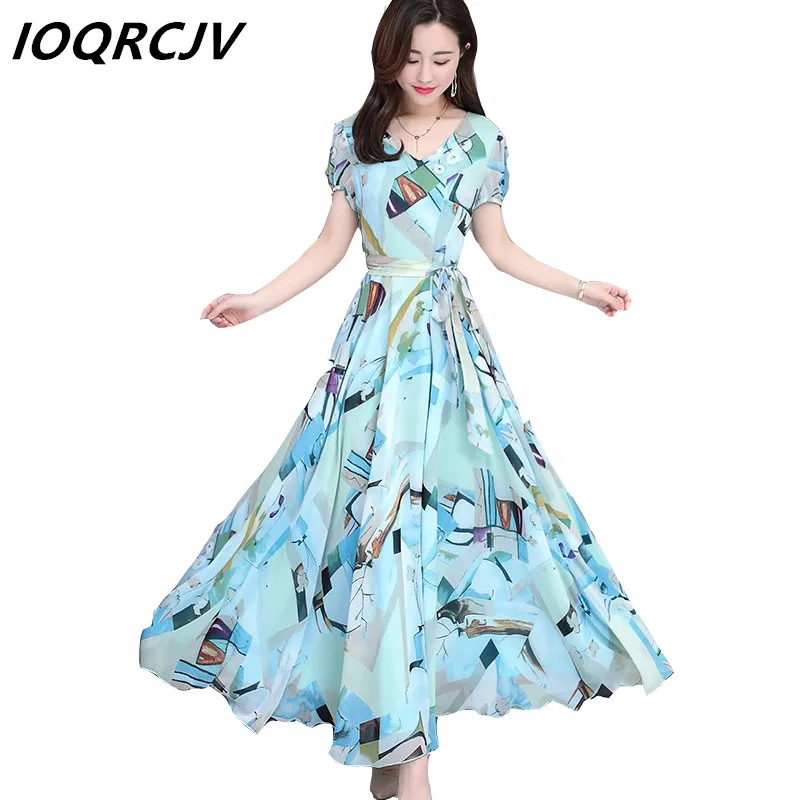 Женское шифоновое платье с коротким рукавом длинное V образным вырезом и