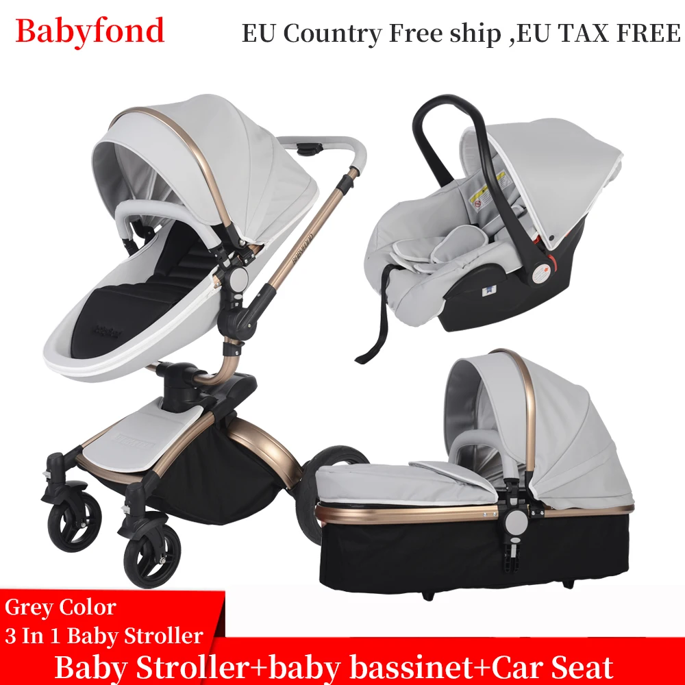 

Babyfond luxury baby stroller 3 in 1 Fashion Carriage 360 degree rotation two-way Trolley PU Aluminum alloy Gold Frame Baby Pram