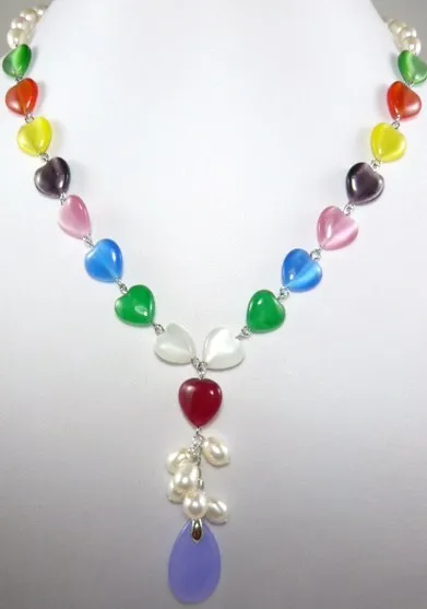 DYY colorful lady's white pearl necklace + heart shape of stone jade pendant jewelry |