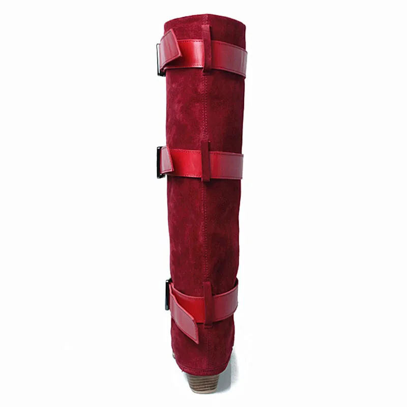 Prova Perfetto Women Knee High Boots Red Suede Female Chunky Heel Straps Autumn Winter Platform Rubber Botas Mujer | Обувь
