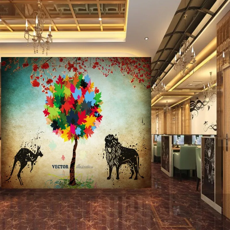 Фотообои листья Лев кенгуру силуэт фон Настенная роспись ресторан спальня