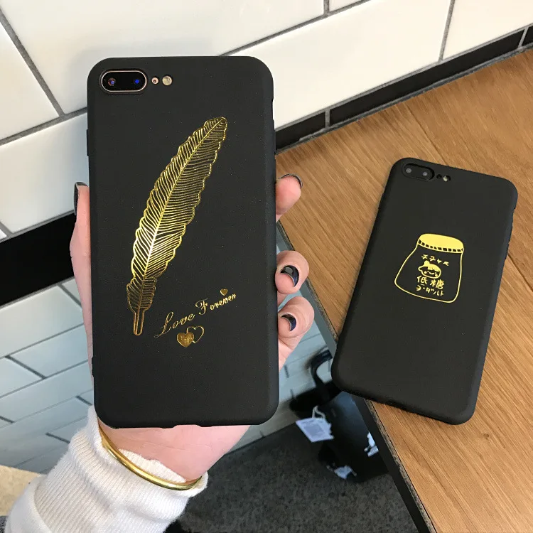 Модный черный чехол для телефона с золотым пером iphone X XR XS Max 6 6S 7 8 Plus матовый