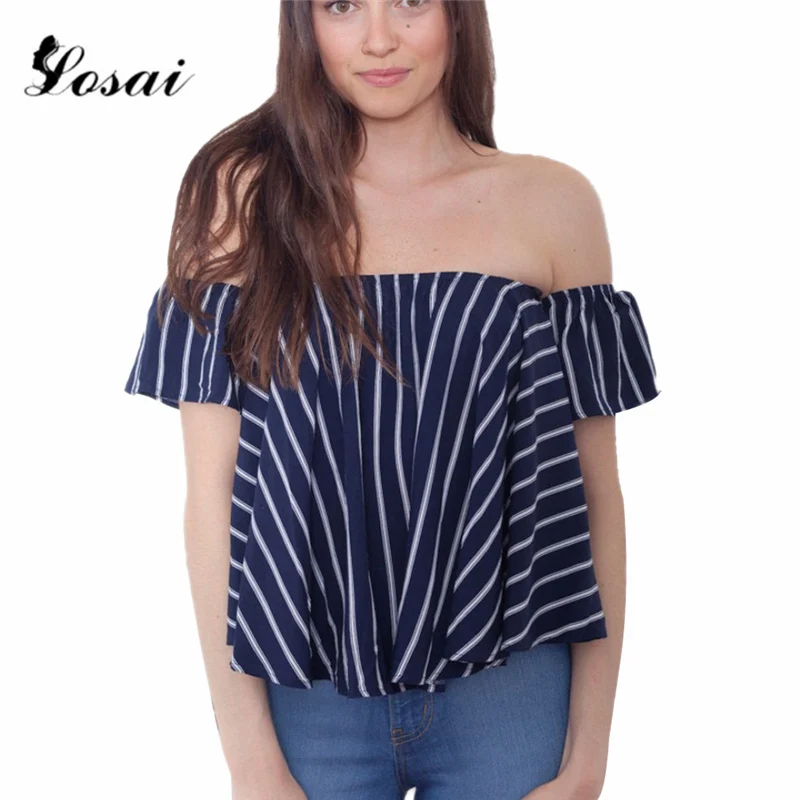 2019 Женская винтажная полосатая рубашка с открытыми плечами Полосатые блузки