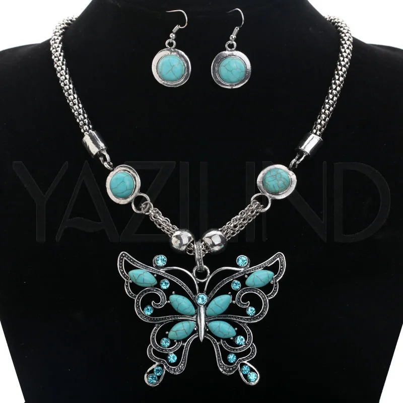 Винтажные зеленые камни бабочка массивное ожерелье серьги полые животное с