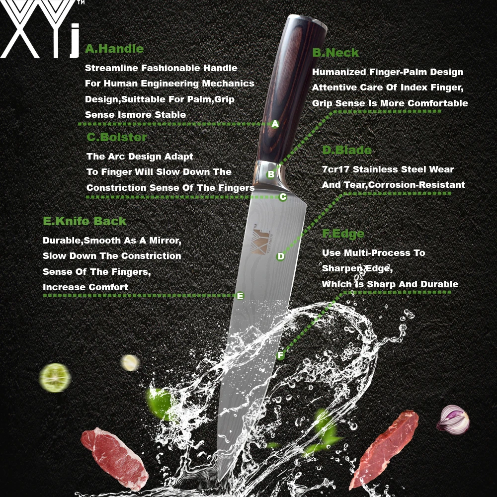 XYj 6 Piece Stainless Steel Kitchen Set Damascus Pattern High Carbon Sharp Blade Non-slip Color Wood Handle Cooking Knives | Дом и сад