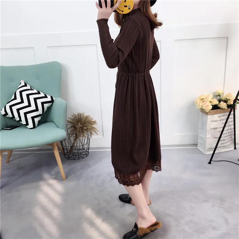 Женское трикотажное платье средней длины Осеннее однотонное вязаное с длинным