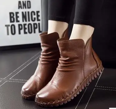 Ботинки женские короткие из натуральной кожи с бархатной подкладкой|flat boots|women snow
