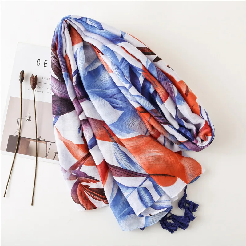 Marte Joven Orange and Blue Big Leaf Print Scarves Women Elegant Summer Sunscreen Beach Wrap Long Shawl for Ladies | Аксессуары для