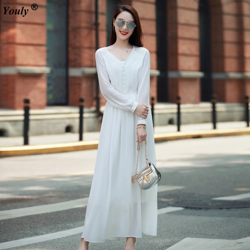 Белое шифоновое длинное Макси Вечерние платье 2019 Для женщин Летнее элегантное с