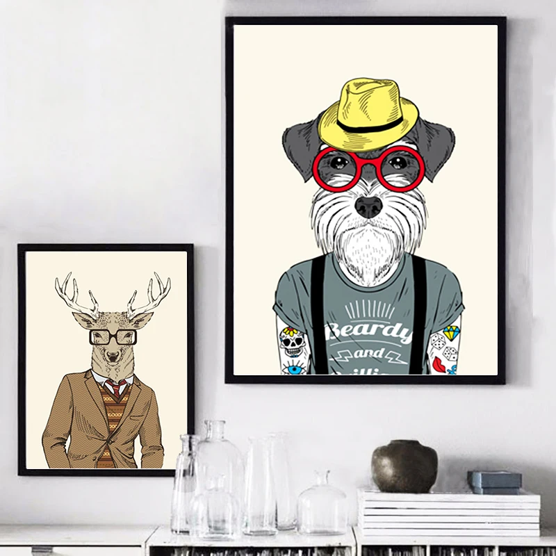 Винтажная мода Хипстер Дикие животные Заяц Олень Собака Постеры Печати Искусства на стене Ретро Домашний декор Холст Живопись Безрамочный.
