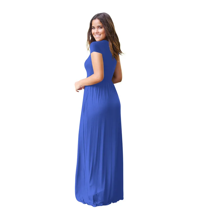 XYLXJQ Summer Long Maxi Dress New Short Sleeve Solid Casual Women Dresses XXL Plus Size 2XL Pockets Robe Femme Vistidos JB127 | Женская