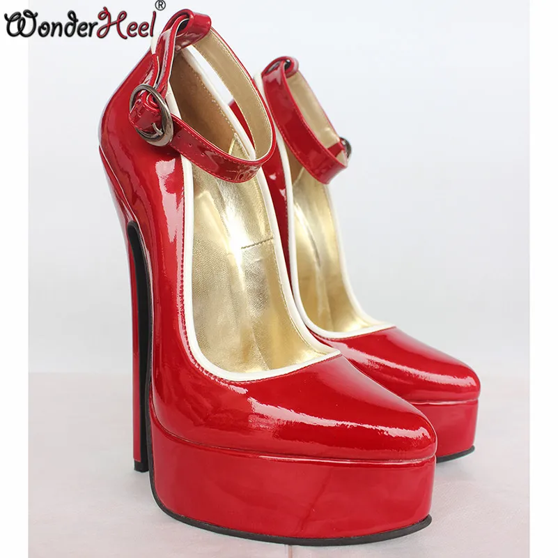 Wonderheel Туфли-лодочки из натуральной кожи с ЭКСТРЕМАЛЬНО высоким КАБЛУКОМ 20 см на платформе толщиной 4 см женские ботинки на толстой подошве пикантные красные блестящие туфли-лодочки с пряжкой