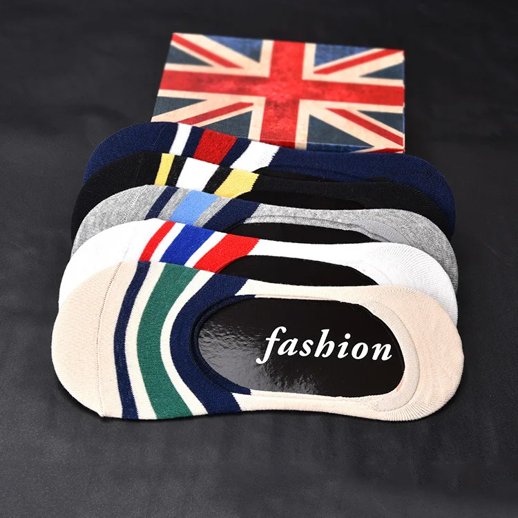 Fashion Quality Men Invisible Boat Sock Stripe Business Casual Silica Gel Non-slip Socks Male Breathable Cotton 5 Colors | Мужская
