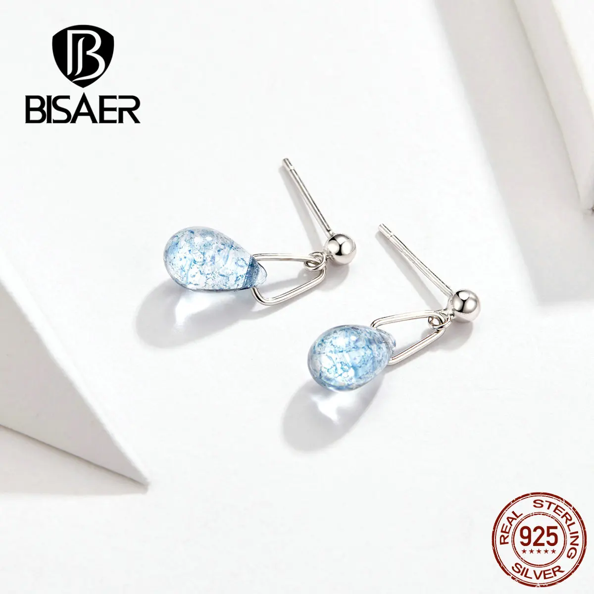 BISAER, 925 пробы, серебряный светильник, синяя капля воды, Женские Висячие серьги для женщин, простые геометрические серьги капельки, ювелирные изделия EFE165
