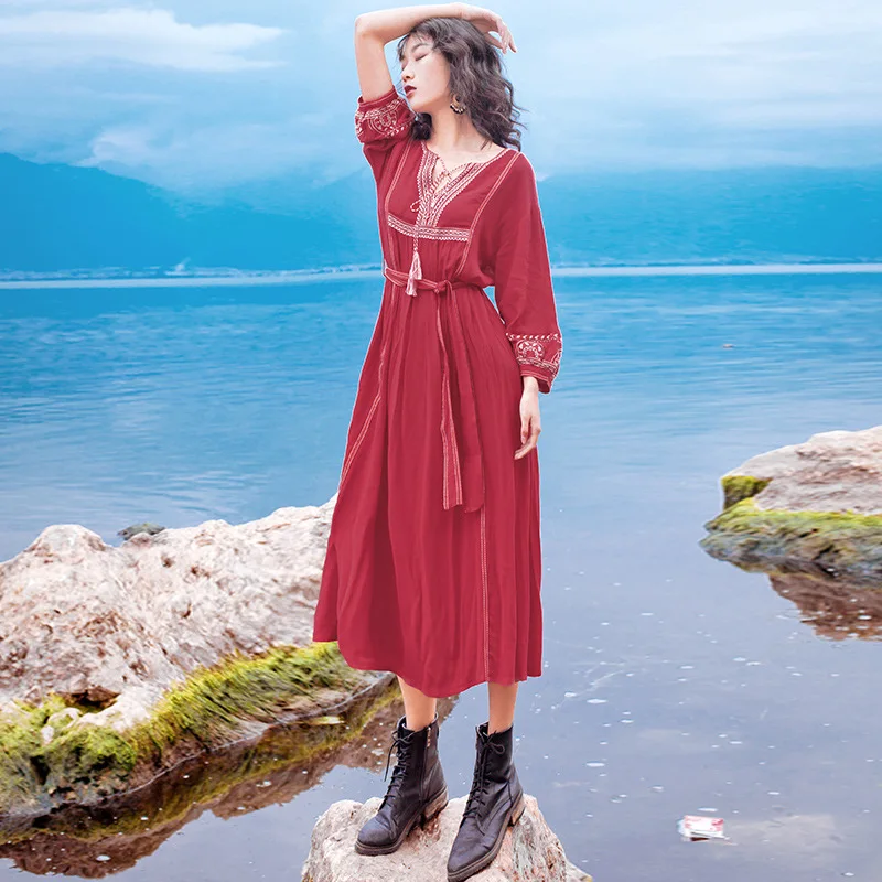Женское винтажное пляжное платье Boho однотонное Хлопковое макси с вышивкой и