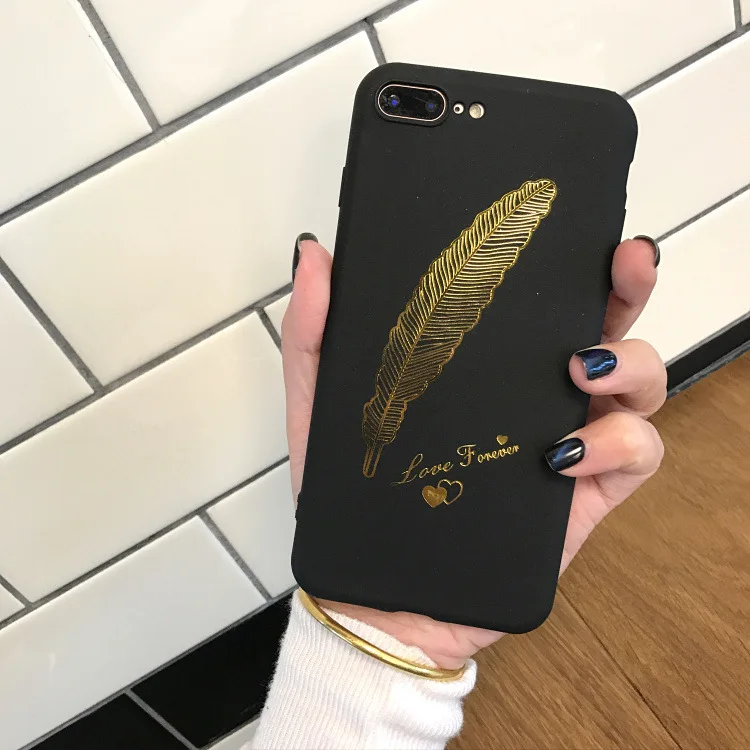 Модный черный чехол для телефона с золотым пером iphone X XR XS Max 6 6S 7 8 Plus матовый
