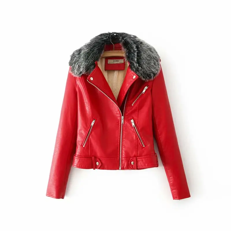 A002 Red Хит, женские зимние теплые куртки из искусственной кожи с меховым воротником, женские красные, черные, синие мотоциклетные и байкерские пальто, теплая приталенная верхняя одежда - Цвет: A002 Red