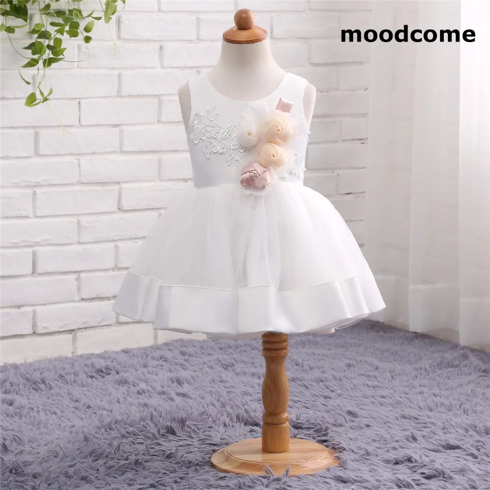 2018 новые дешевые Платья для девочек на свадьбу по колено Тюль Цветы совок бальное