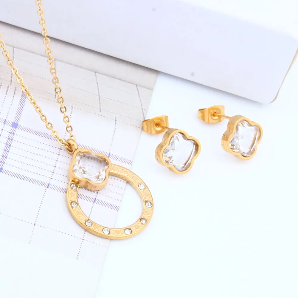 XUANHUA Stainless Steel Jewelry Sets For Women Wedding Crystal Necklace And Earring Gold Colour Plated Bridal | Украшения и