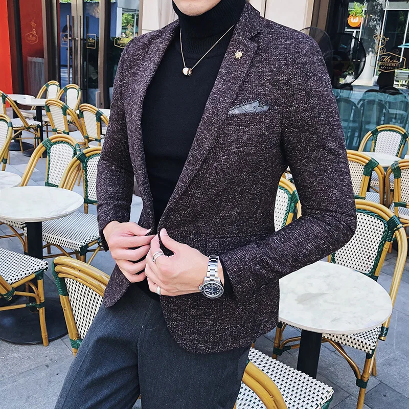 Коричневый Мужской твидовый Блейзер осень зима блейзер masculino slim fit повседневные мужские спортивные пиджаки hombre invierno ho Мужской Блейзер черный синий коричневый - Цвет: Коричневый